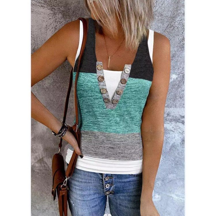 Summer New Contrast Color False Two-piece Suit Women Sleeveless Vest