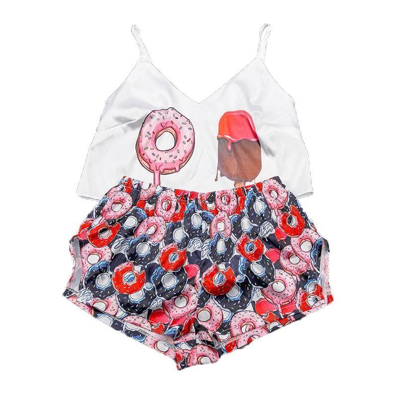 Printed Pajamas Women Satin Sweet Sexy Halter Shorts - Jointcorp
