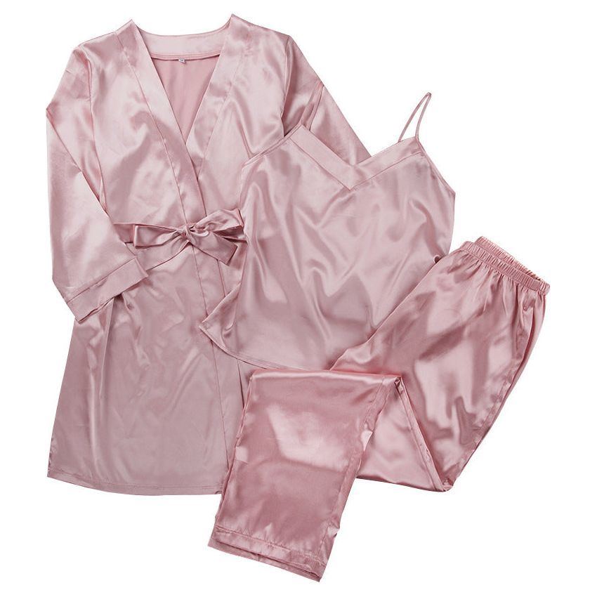 Satin Pink Simple Pajamas Suit Women Night Gown Pajamas Simulation Silk Home Service - Jointcorp