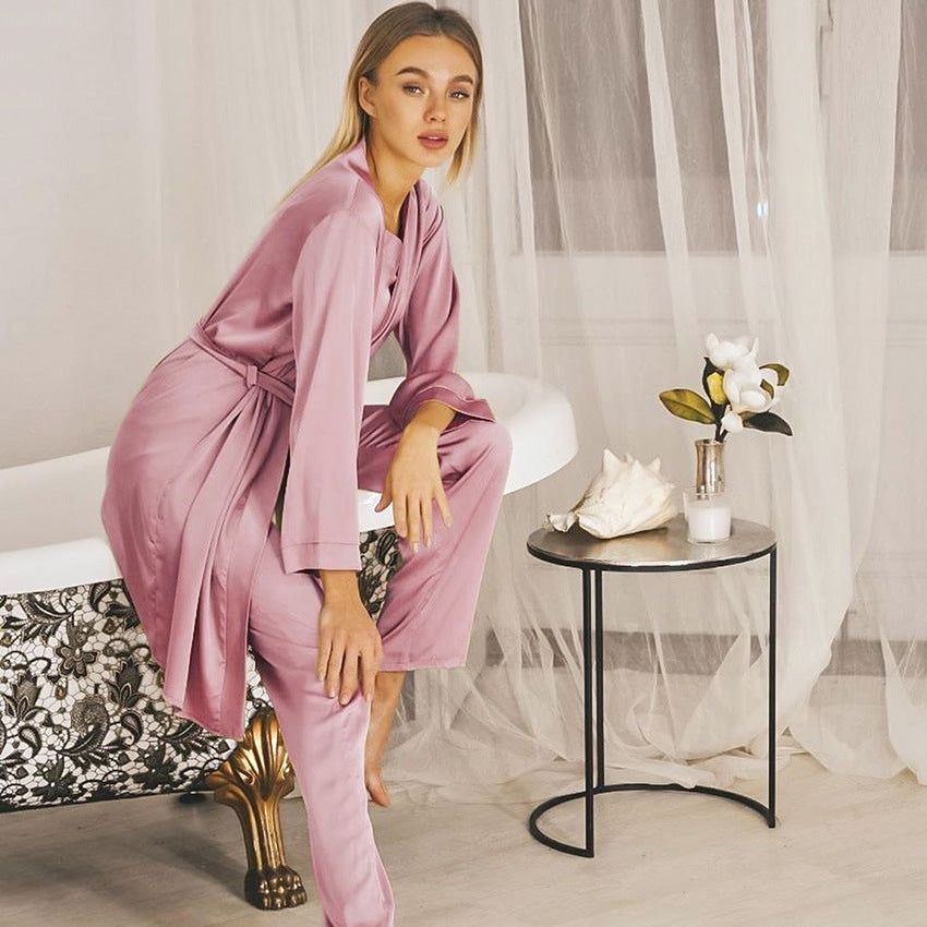 Satin Pink Simple Pajamas Suit Women Night Gown Pajamas Simulation Silk Home Service - Jointcorp