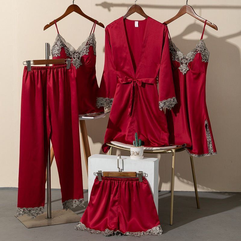 Pajamas Women Summer Ice Silk Sexy Five-piece Suspenders - Jointcorp