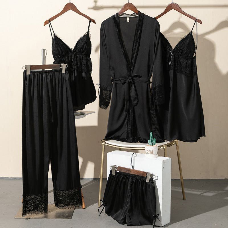 Pajamas Women Summer Ice Silk Sexy Five-piece Suspenders - Jointcorp