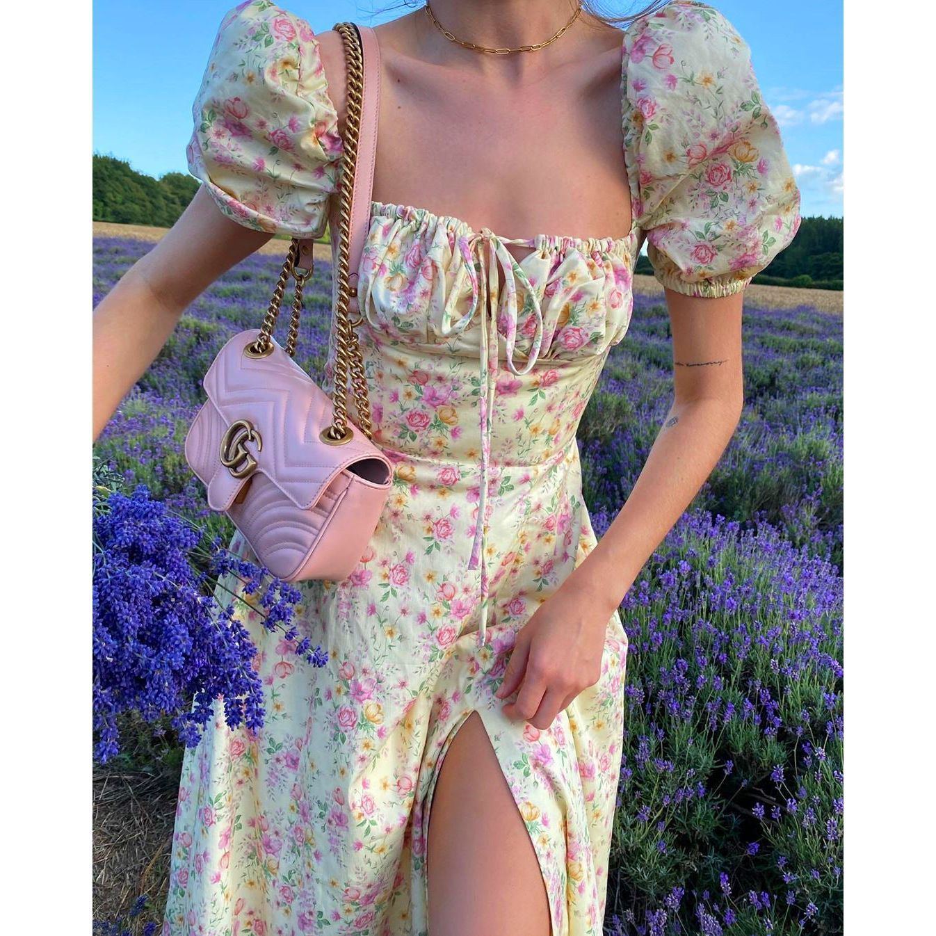 Yissang Floral Print Puff Short Sleeve Women Dress High Split Party Long Dresses Elegant Lace Up - Jointcorp