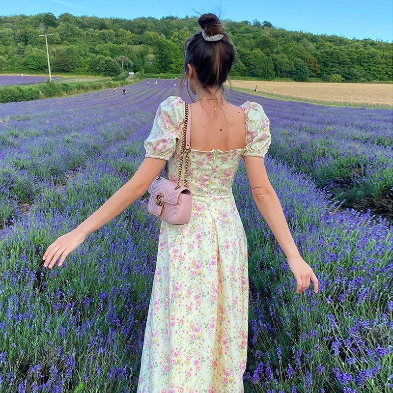 Yissang Floral Print Puff Short Sleeve Women Dress High Split Party Long Dresses Elegant Lace Up - Jointcorp