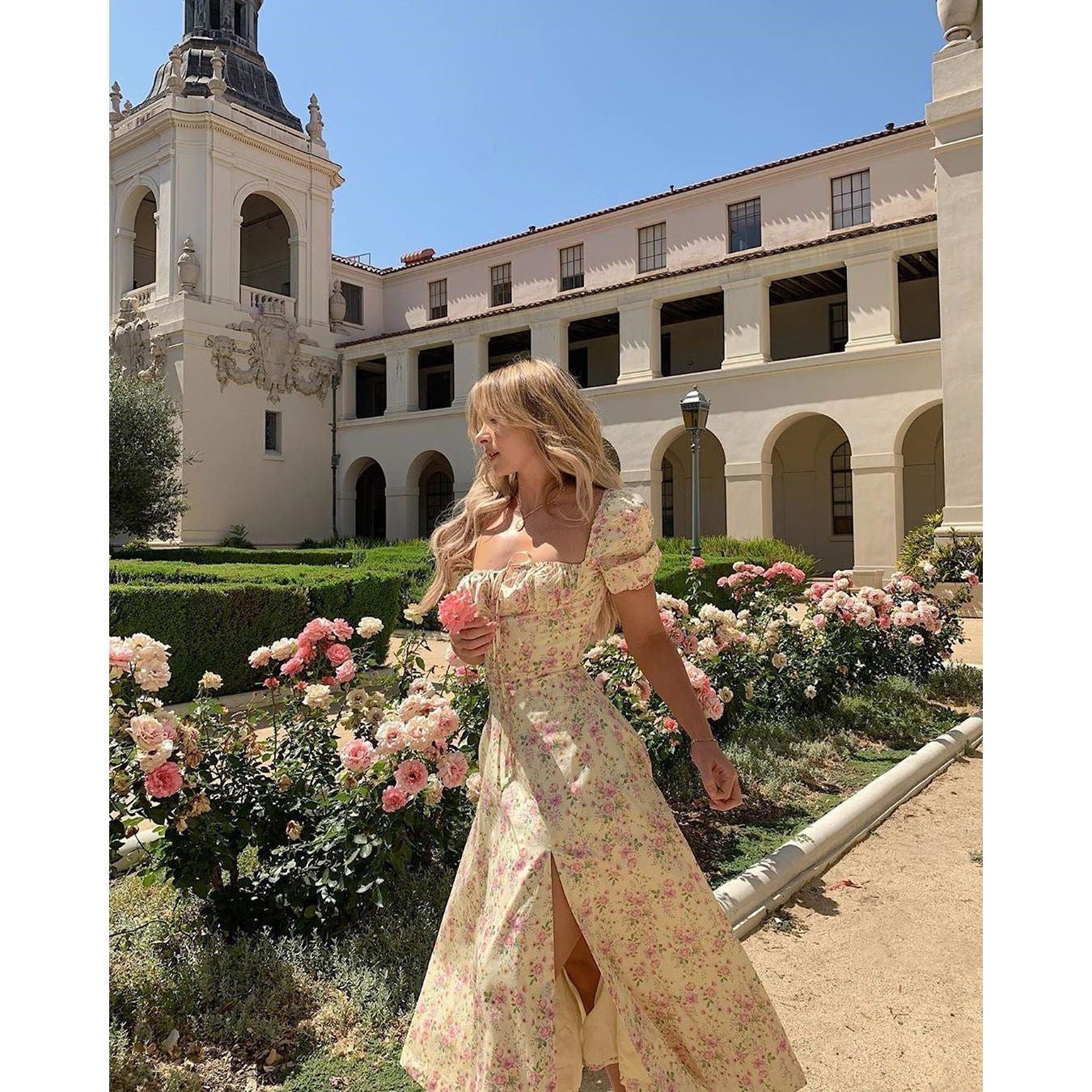 Yissang Floral Print Puff Short Sleeve Women Dress High Split Party Long Dresses Elegant Lace Up - Jointcorp