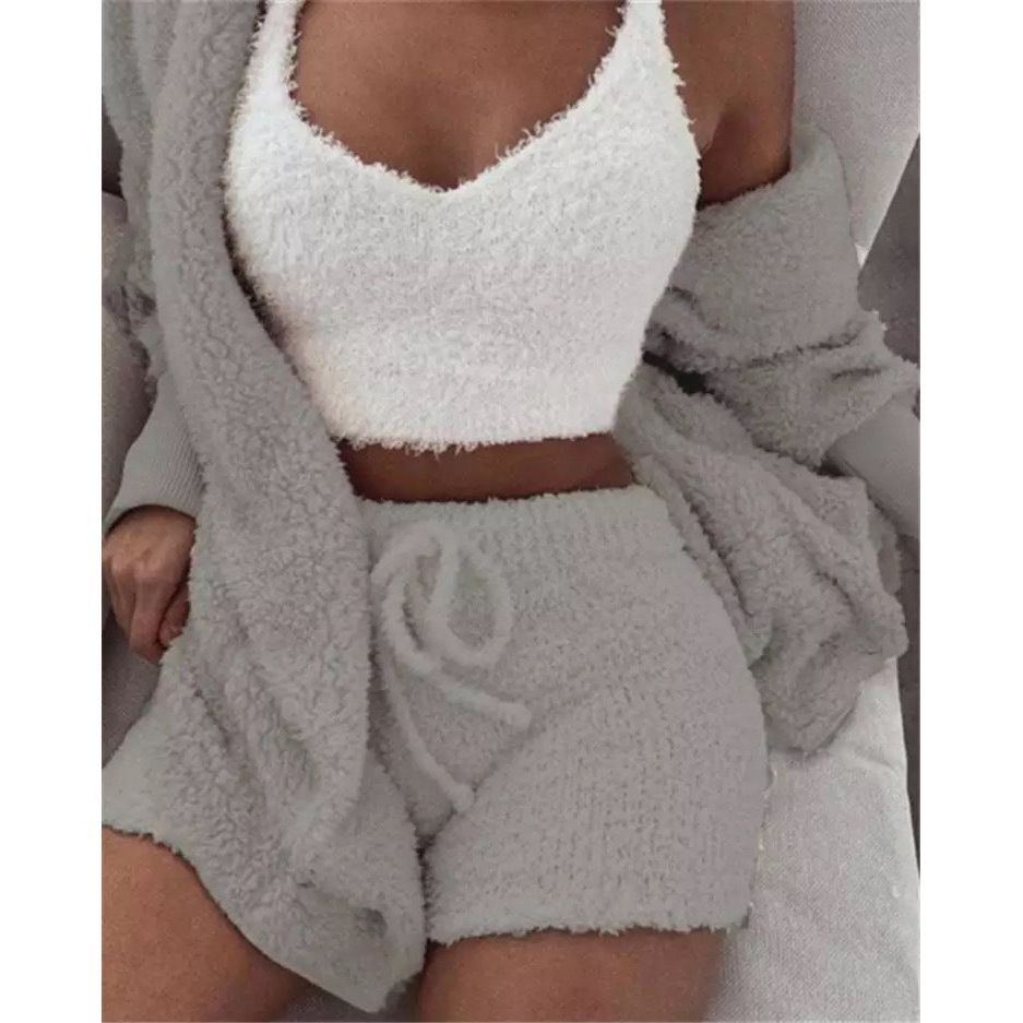 Pajamas Set Soft Warm Long Sleeve Exposed Navel Vest Shorts Set - Jointcorp