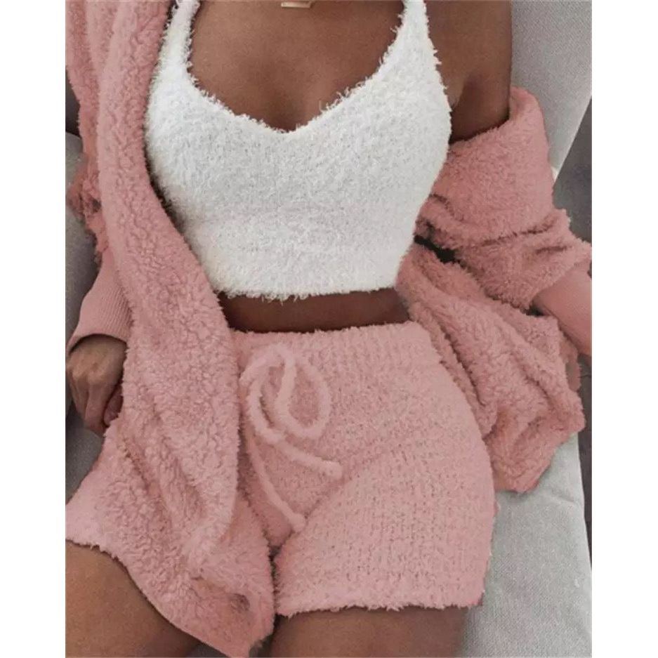 Pajamas Set Soft Warm Long Sleeve Exposed Navel Vest Shorts Set - Jointcorp