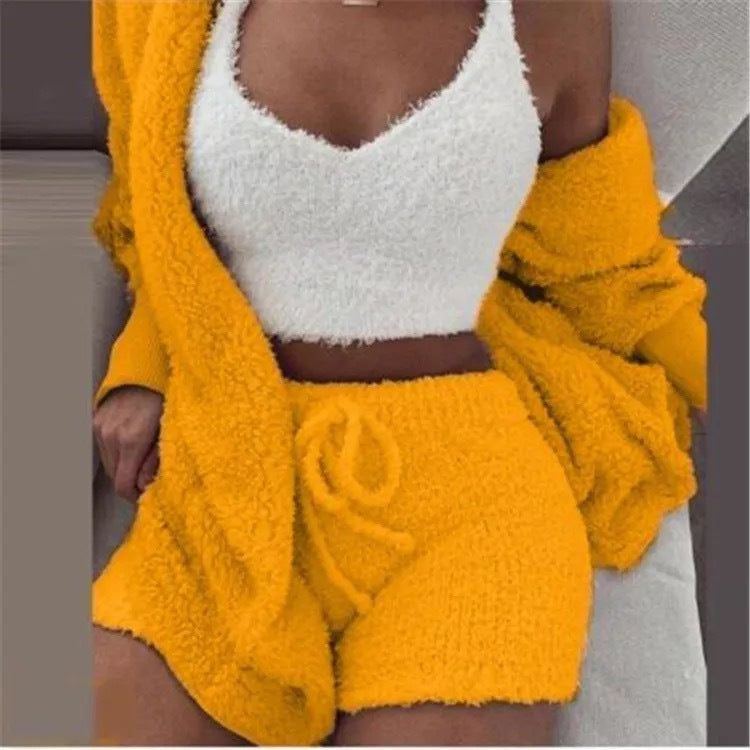 Pajamas Set Soft Warm Long Sleeve Exposed Navel Vest Shorts Set - Jointcorp