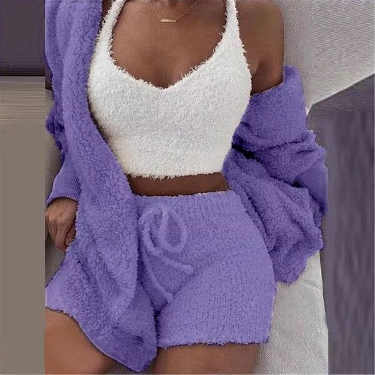 Pajamas Set Soft Warm Long Sleeve Exposed Navel Vest Shorts Set - Jointcorp