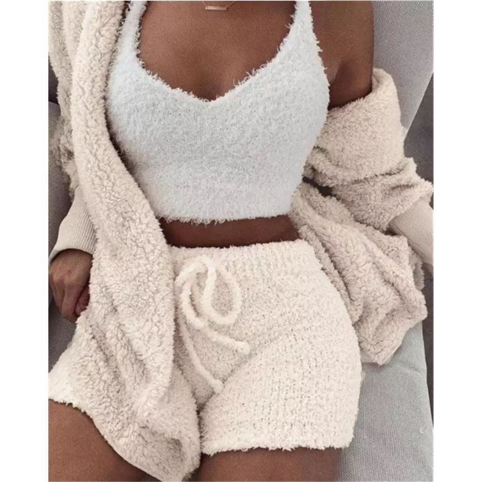 Pajamas Set Soft Warm Long Sleeve Exposed Navel Vest Shorts Set - Jointcorp