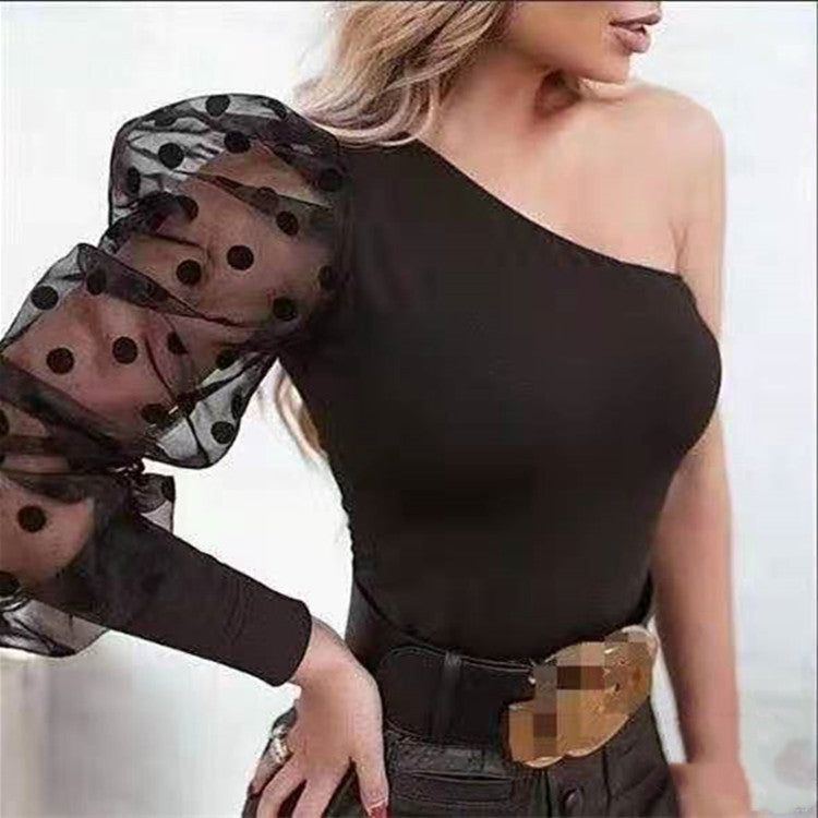 Summer Women Sexy Mesh Tshirt Spring Pullover Top Tees One Shoulder Black Polka Dot Top Tees T-shirts Women