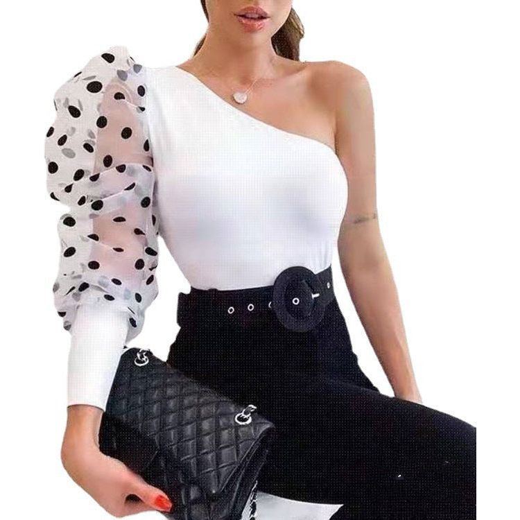 Summer Women Sexy Mesh Tshirt Spring Pullover Top Tees One Shoulder Black Polka Dot Top Tees T-shirts Women