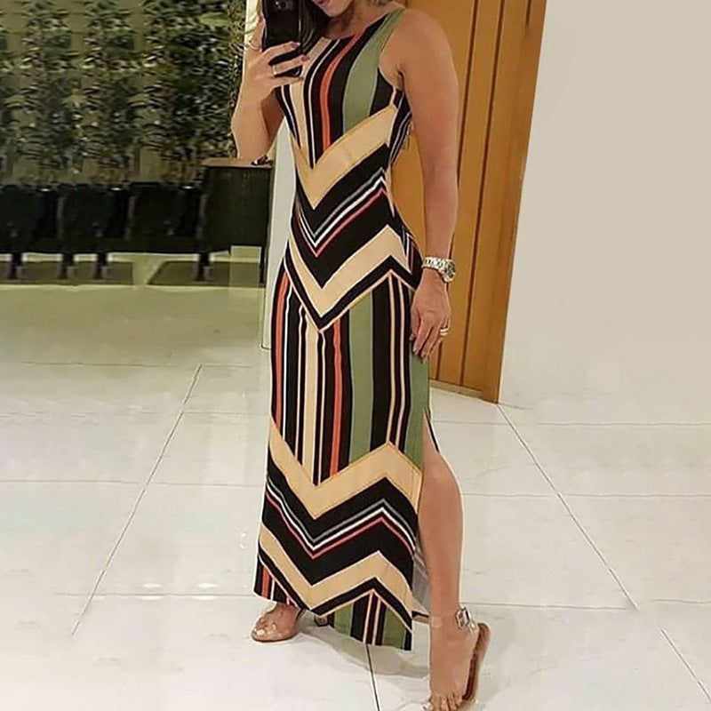 Colorful Striped Print Side Slit Maxi Dress Women Colorblock Sleeveless Slim Long Dresses - Jointcorp