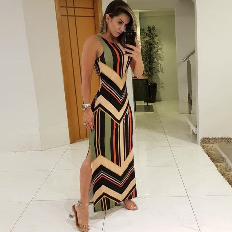 Colorful Striped Print Side Slit Maxi Dress Women Colorblock Sleeveless Slim Long Dresses - Jointcorp