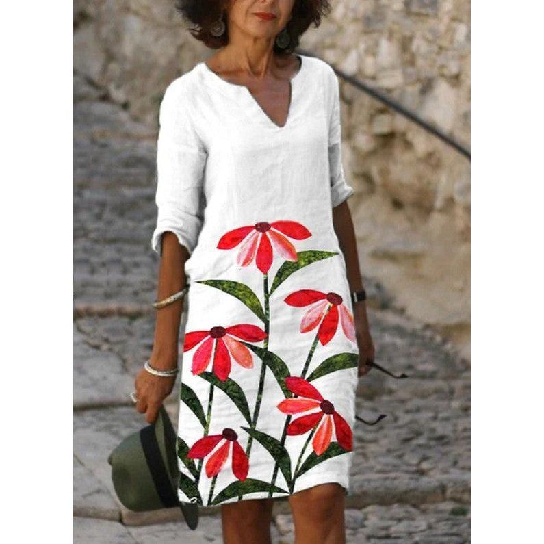 Casual Floral Print V-neck Pullover Dress - Jointcorp