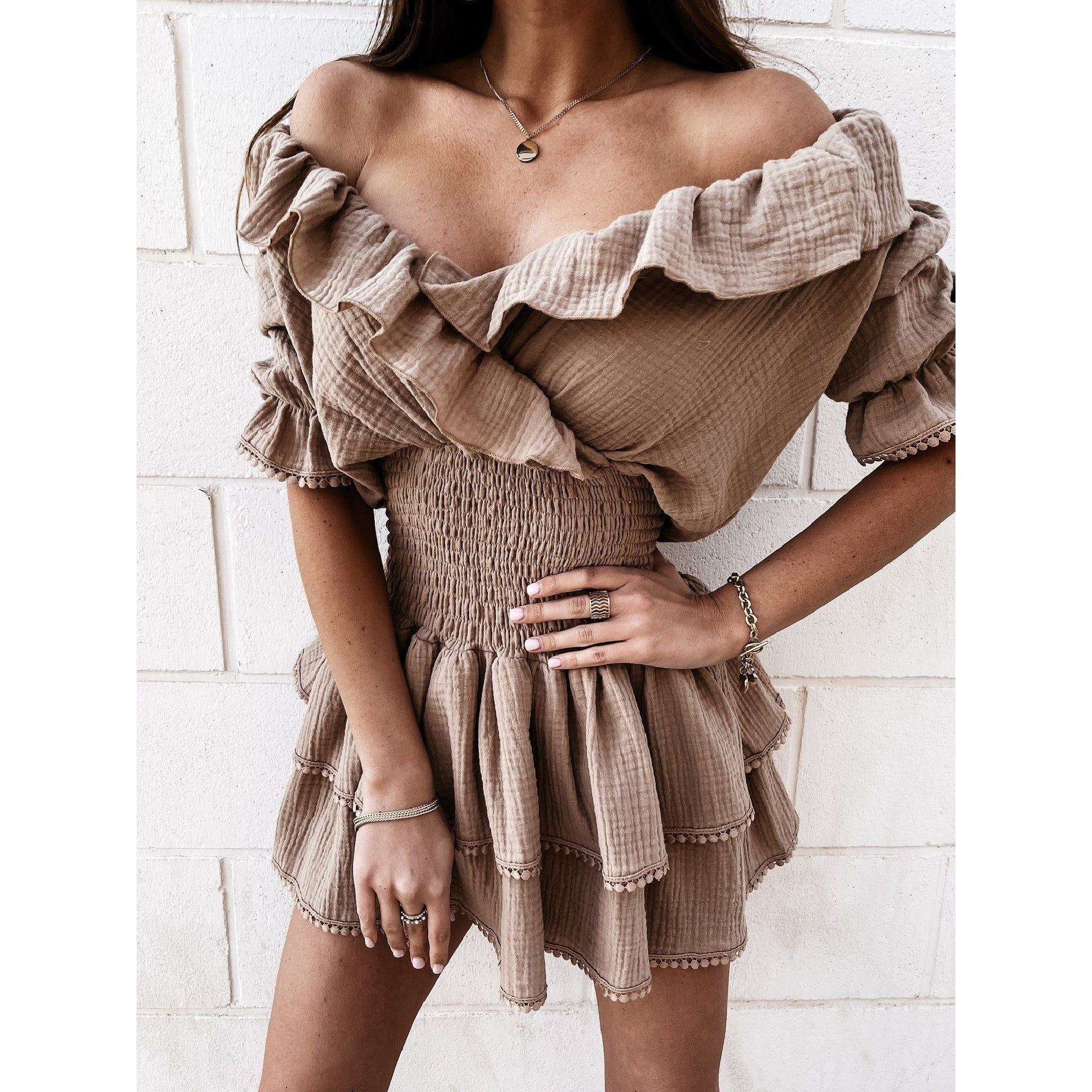 Lace V-Neck Ruffled Short-Sleeved Cotton Dress - Jointcorp