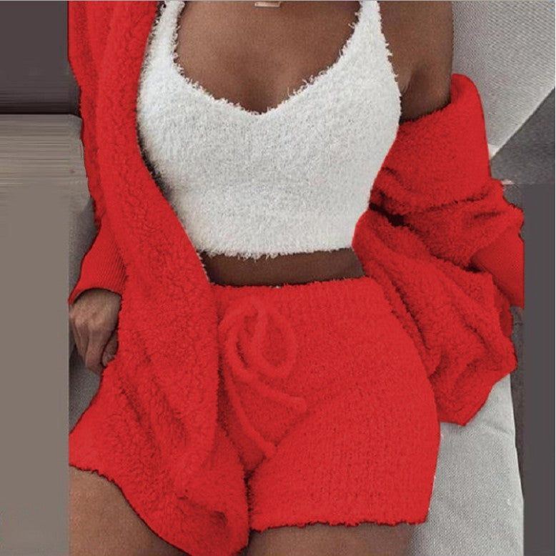 Pajamas Set Soft Warm Long Sleeve Exposed Navel Vest Shorts Set - Jointcorp