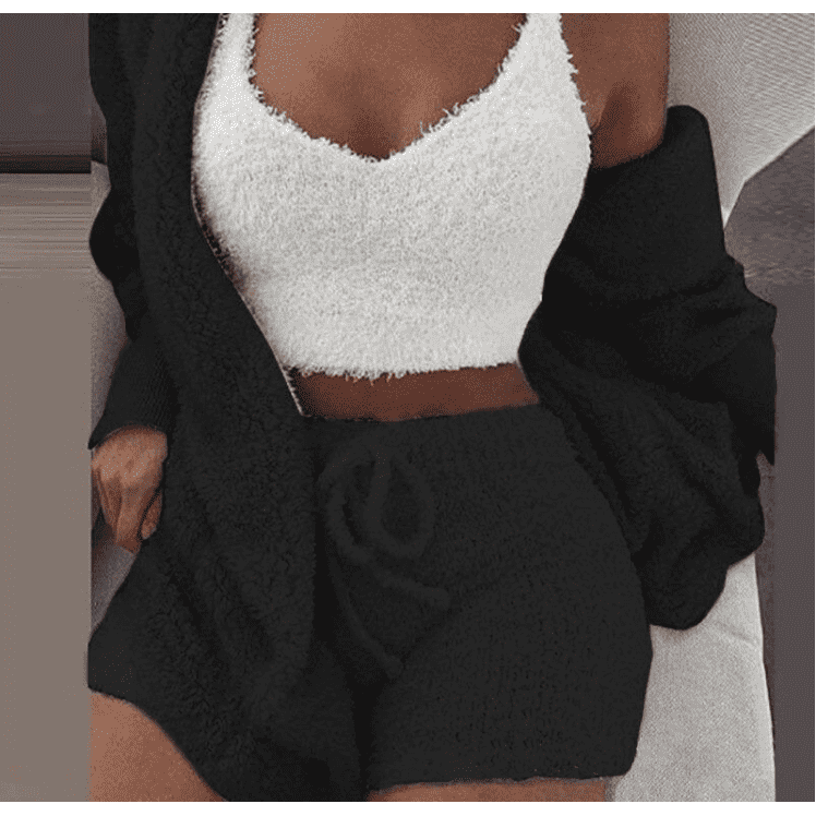 Pajamas Set Soft Warm Long Sleeve Exposed Navel Vest Shorts Set