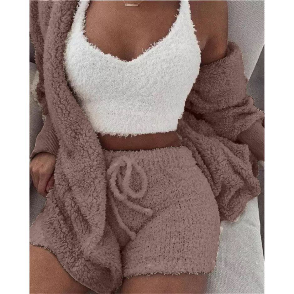 Pajamas Set Soft Warm Long Sleeve Exposed Navel Vest Shorts Set