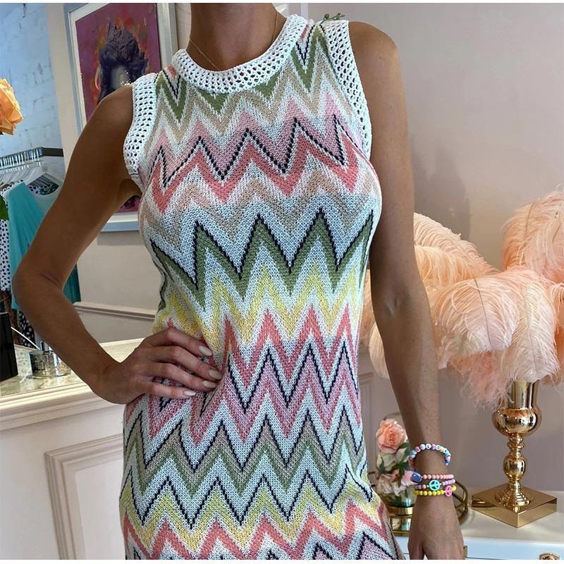 Rainbow Knit Dress Women Mini Dresses Patchwork Casual - Jointcorp