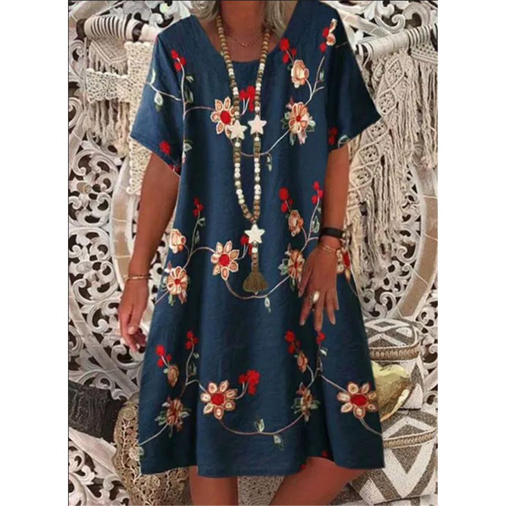 Printed Short Sleeve Round Neck Fashion All Match Dress Women - Jointcorp