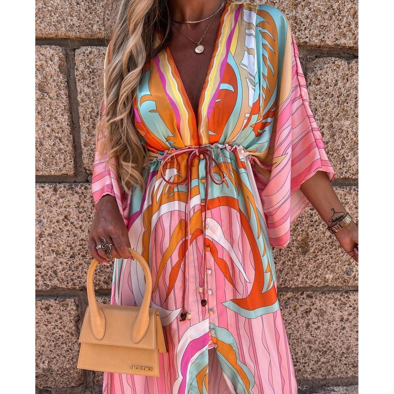 Lace-Up Nine Points Sleeve Floor-Length V-Neck Fall Womens Dress - Jointcorp