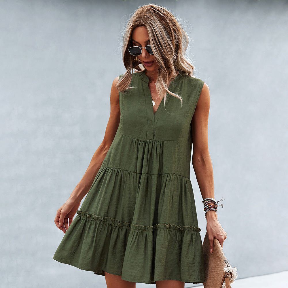 V Neck Sexy Solid Color Dress Summer Sleeveless Skirt - Jointcorp