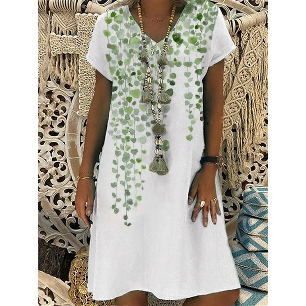 Printed Short Sleeve V-Neck Dress - Jointcorp