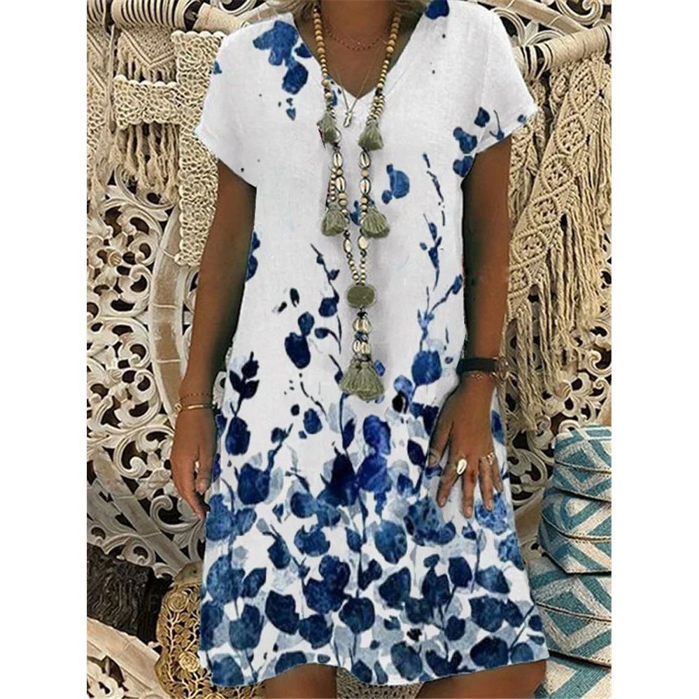 Printed Short Sleeve V-Neck Dress - Jointcorp
