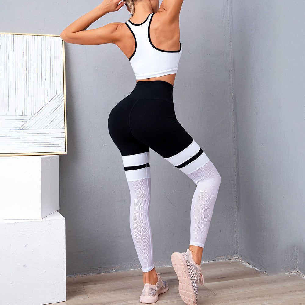 Yoga leggings black and white stitching hip breathable mesh yoga pants - Jointcorp