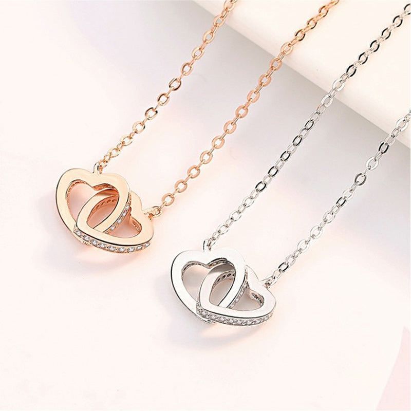 925 Sterling Silver Heart-to-heart Necklace Korean Version Of Double Love Simple Pendant Fashion Diamond Clavicle Chain - Jointcorp