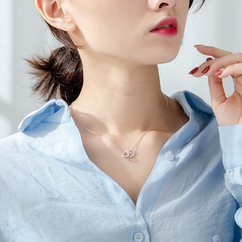 925 Sterling Silver Heart-to-heart Necklace Korean Version Of Double Love Simple Pendant Fashion Diamond Clavicle Chain - Jointcorp
