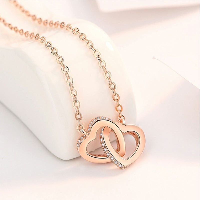 925 Sterling Silver Heart-to-heart Necklace Korean Version Of Double Love Simple Pendant Fashion Diamond Clavicle Chain - Jointcorp