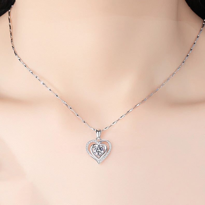 Silver Love Necklace Women Japanese And Korean Simple Heart-shaped Diamond Pendant When - Jointcorp