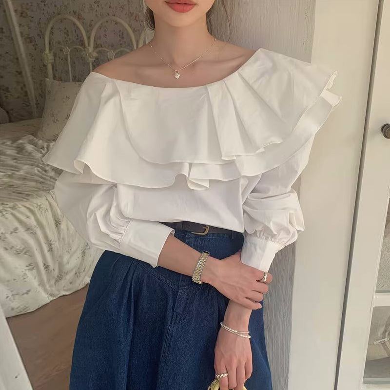 Elegant Irregular Slash Collar Stitching Double Layer Blouse - Jointcorp