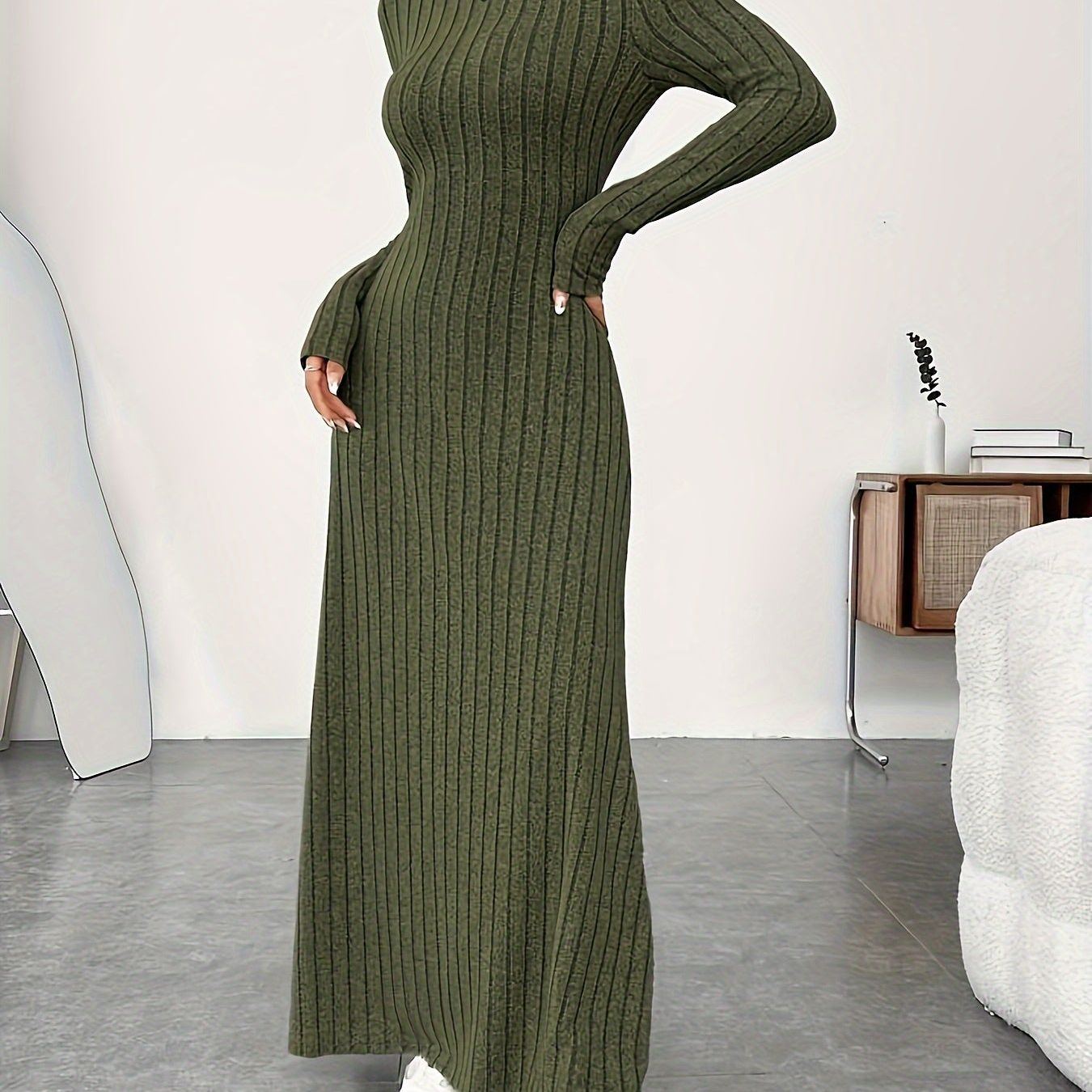 Solid Color Turtle Neck Ribbed Dress, Elegant Long Sleeve Flared Maxi Dress For Spring & Fall, Women's Clothing