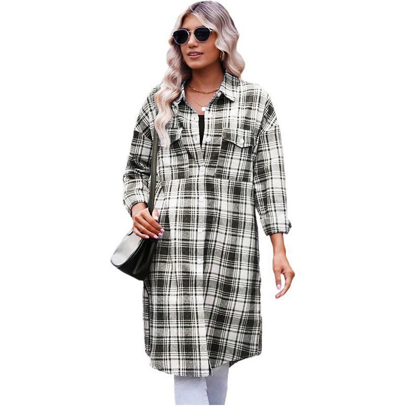 Women's Printed Checks Mid-length Shirt Coat