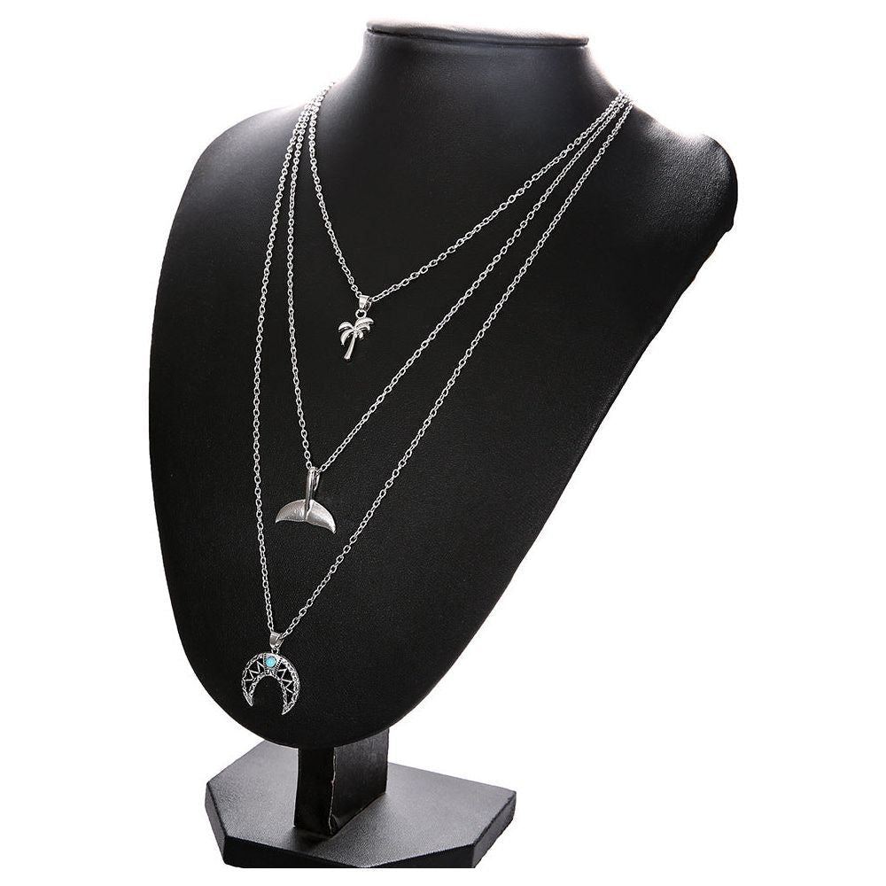 Retro Whale Tail Geometric Moon Turquoise Beach Coconut Necklace - Jointcorp