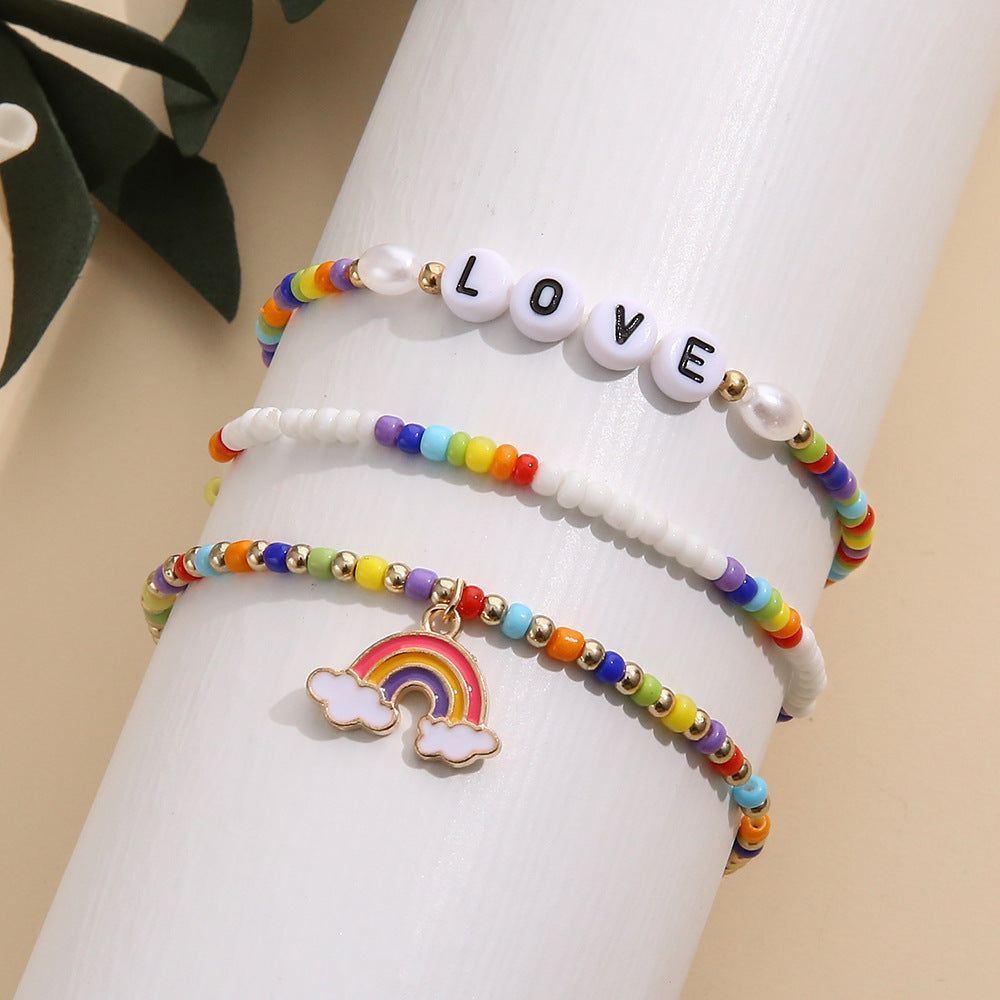 Bohemian Bead Letter LOVE Rainbow Pendant Three-piece Bracelet - Jointcorp