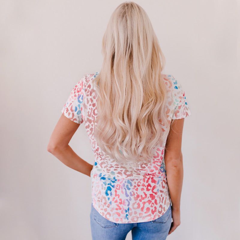 Leopard Print Contrast Color T-shirt Women's Pullover Top