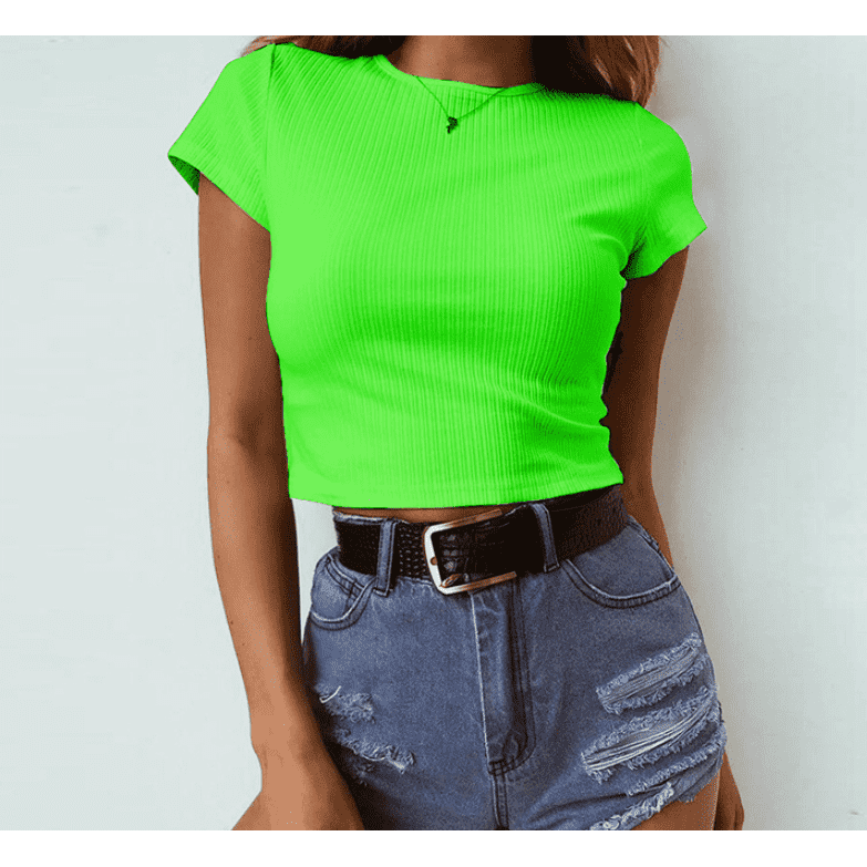 Neon Knitted Tshirt Women O Neck Short Sleeve Tee& Shirts Sexy Crop Top Girls