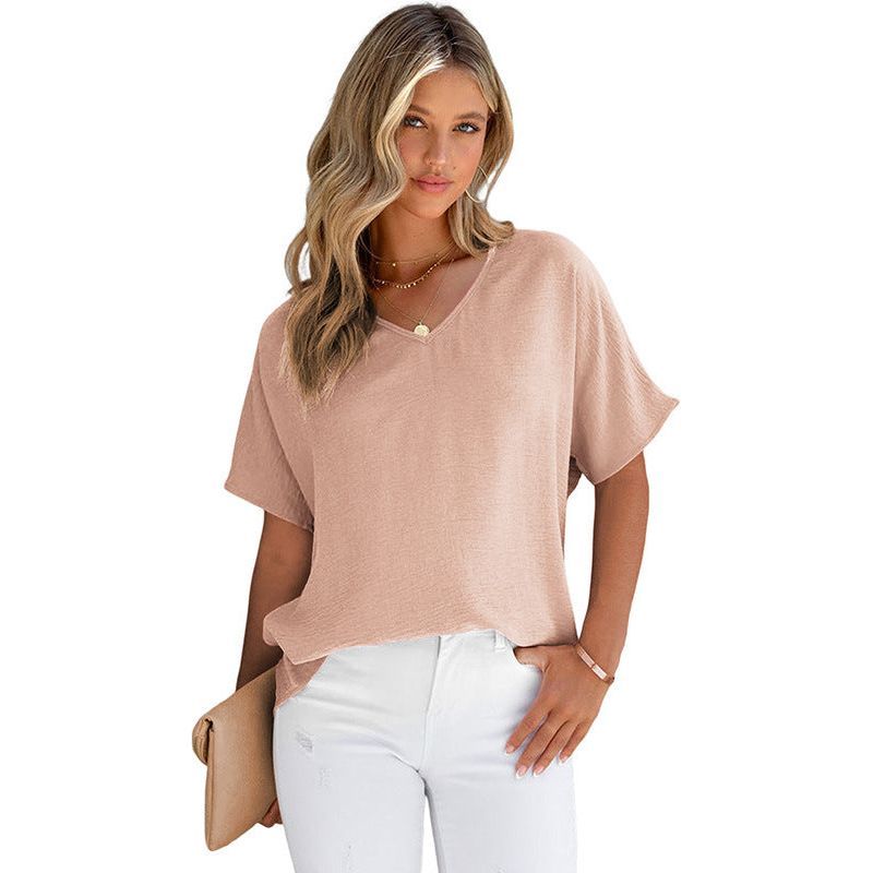 Leisure All-matching Solid Color T-shirt Loose Pullover V-neck Short-sleeved Top