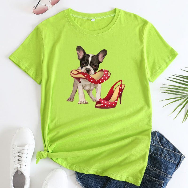 Loose And Cute Dog Print Pure Cotton Round Neck Short Sleeves