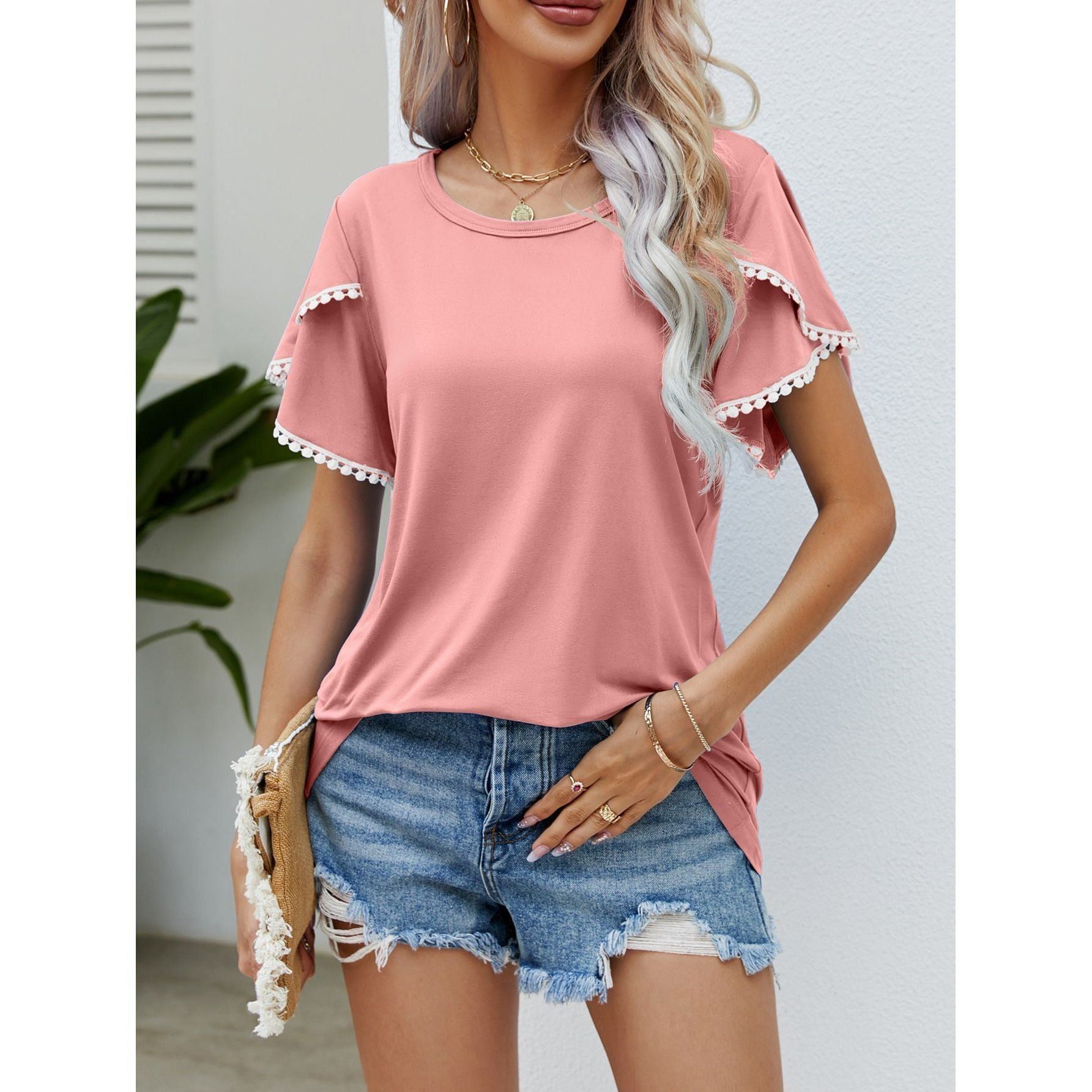 Round Neck Tassel Tulip Sleeve T-shirt Casual Top For Women - Jointcorp