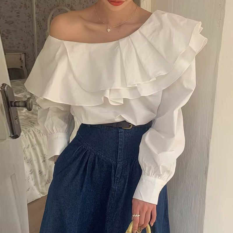 Elegant Irregular Slash Collar Stitching Double Layer Blouse - Jointcorp