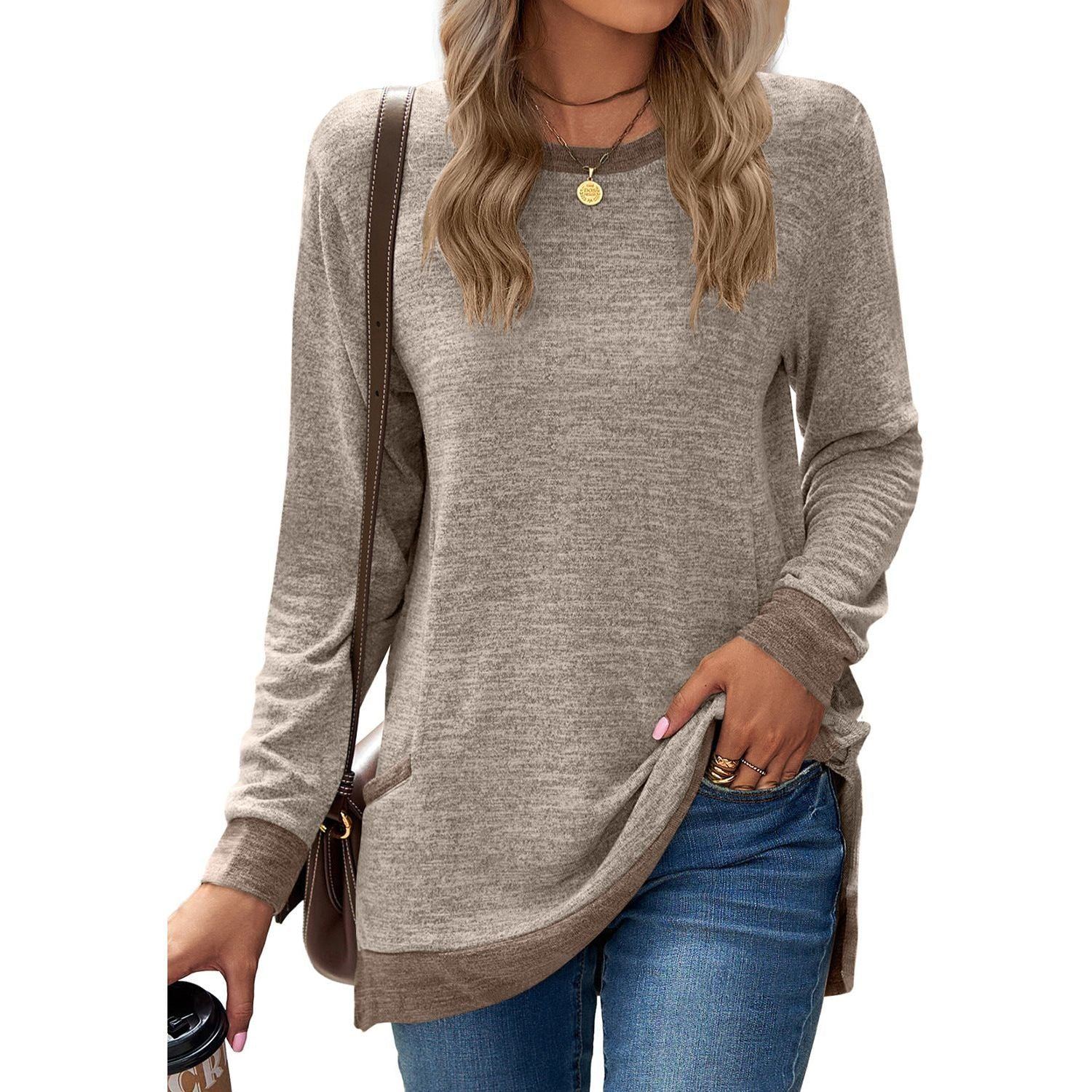 Round Neck Multicolor Pocket Long Sleeve Pullover Top Loose-fitting Casual T-shirt