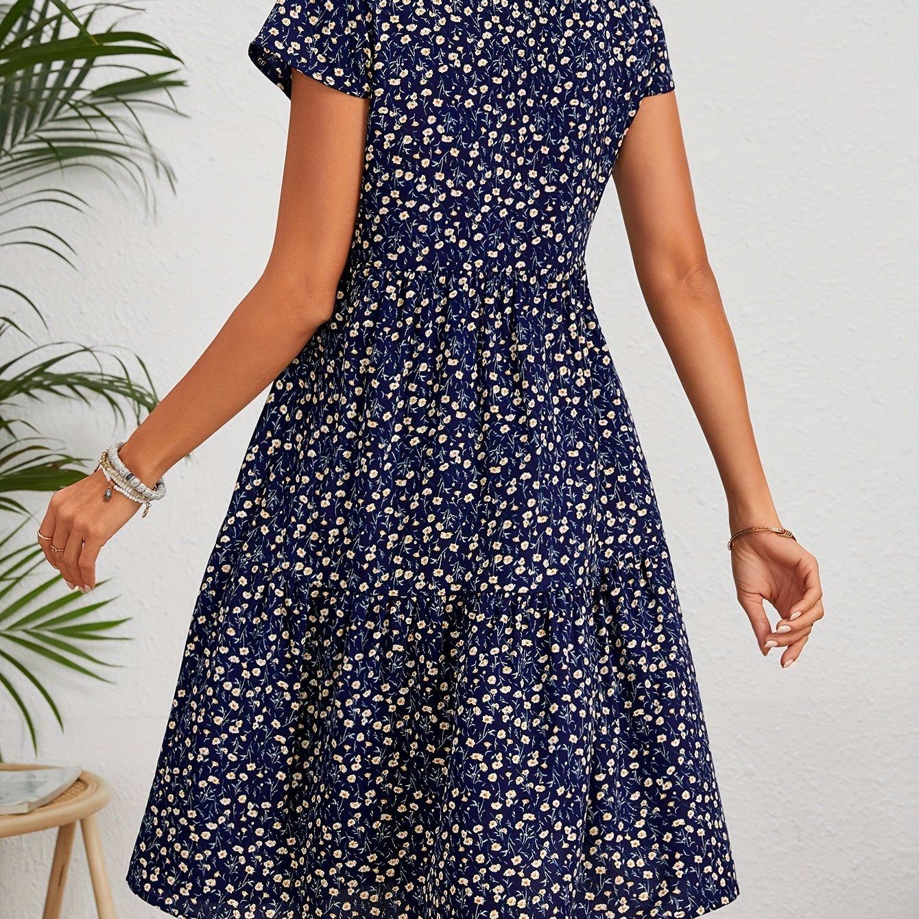 Floral Print Crew Neck Dress, Vintage Short Sleeve Dress For Spring & Summer, Women's Clothing