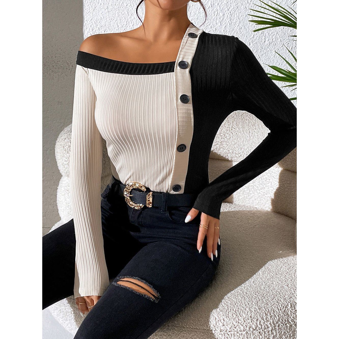 Women's Sexy Long Sleeve Off-shoulder Knitted T-shirt
