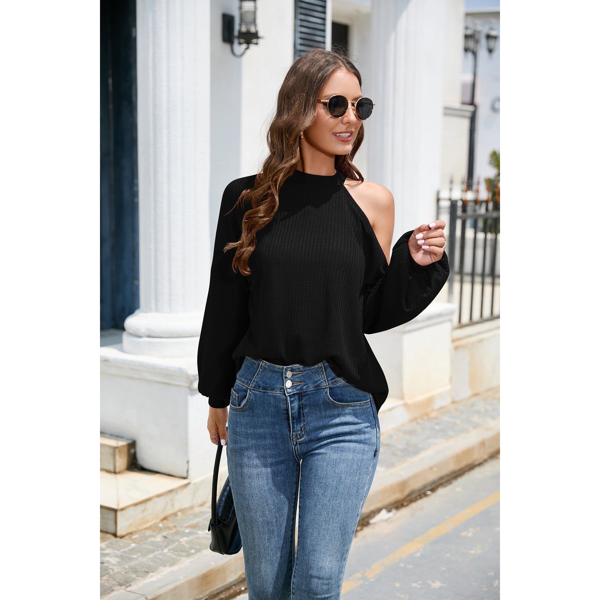 Off-the-shoulder Long Sleeve Crew Neck T-shirt Top Women