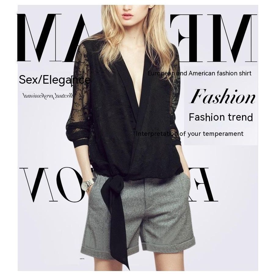 Loose Deep V-neck Hollow-out Long Sleeve Stitching Mesh Top - Jointcorp